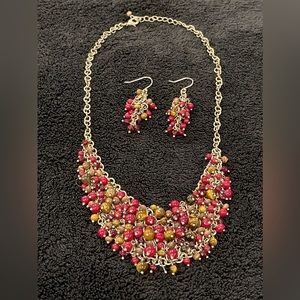 Red and Brown beaded necklace and earring set